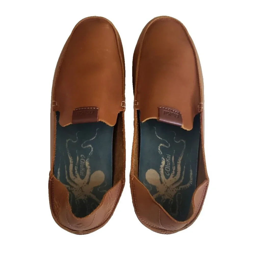 Olukai Nalukai 10379-FX19 Drop In Heel Brown Leather Loafer Slip On Men's SZ 10